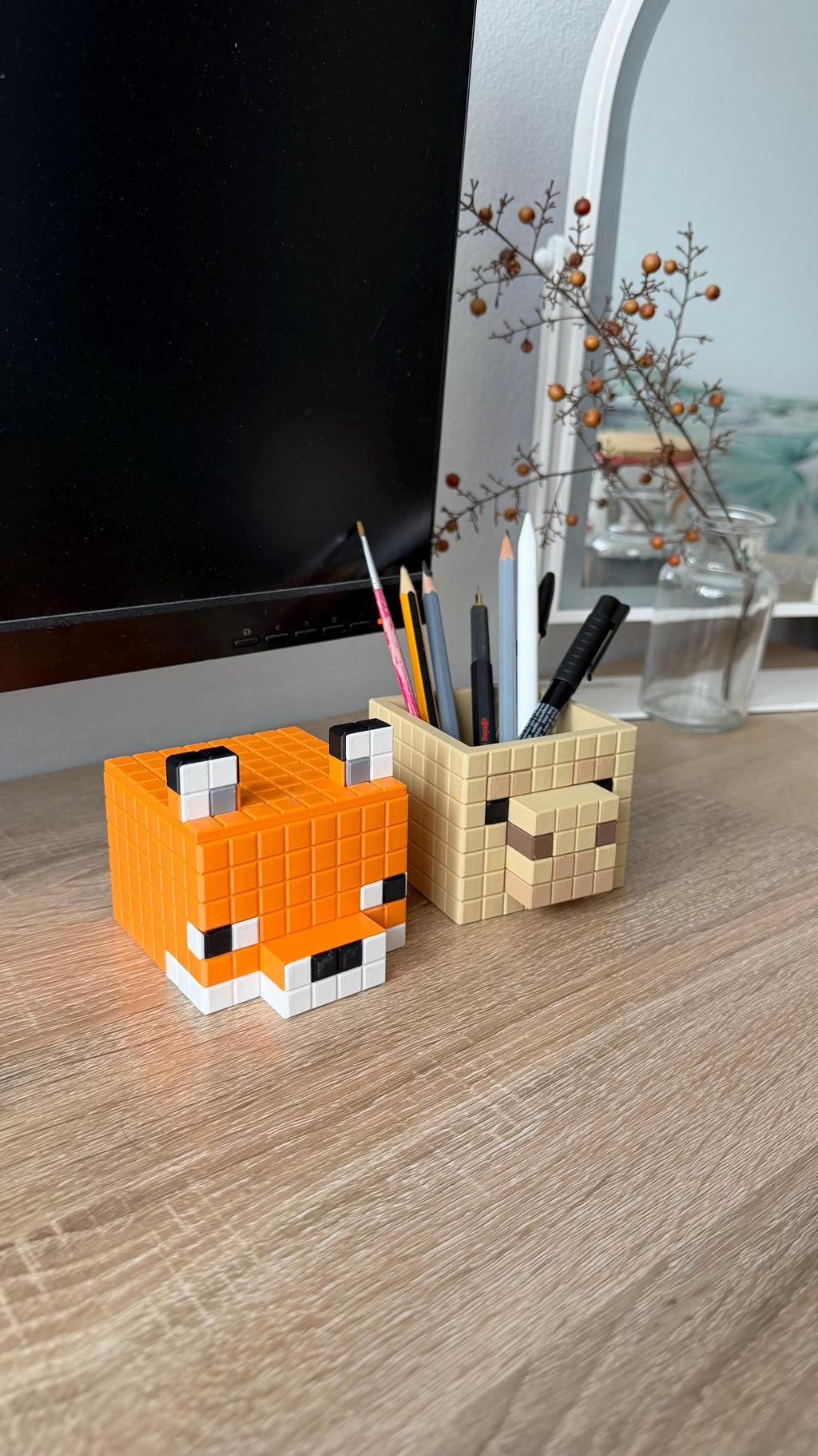 Minecraft Stationary Holders - Llama, Fox - Minecraft Movie Set | Retro Cozy Gaming | Kids videogame gift | Cute Office Table Decor