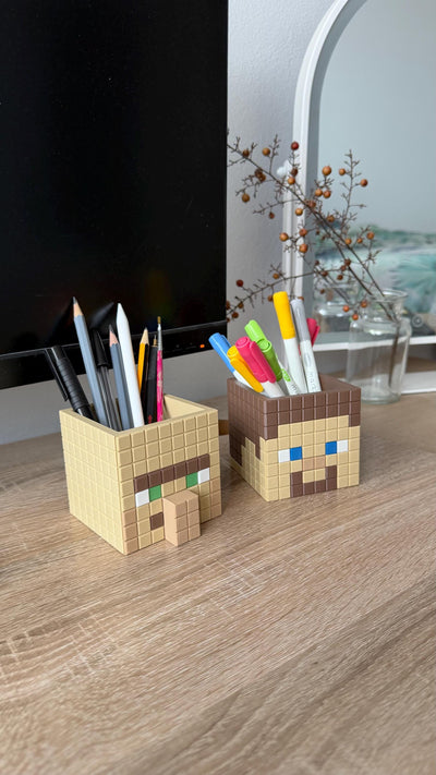 Minecraft Stationary Holders - Steve and Villager - Minecraft Movie Set | Retro Cozy Gaming | Kids videogame gift | Cute Office Table Decor
